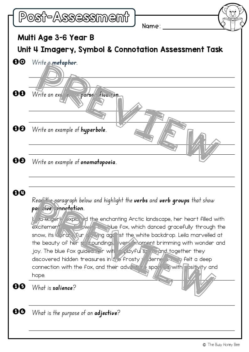 Multi Age 3-6 Year B English Pre- and Post-Assessment Unit 4 Imagery, symbol and connotation - Assessment