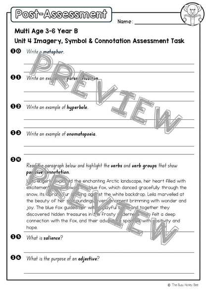 Multi Age 3-6 Year B English Pre- and Post-Assessment Unit 4 Imagery, symbol and connotation - Assessment