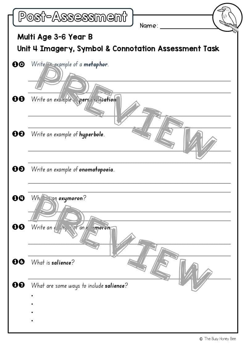 Multi Age 3-6 Year B English Pre- and Post-Assessment Unit 4 Imagery, symbol and connotation - Assessment