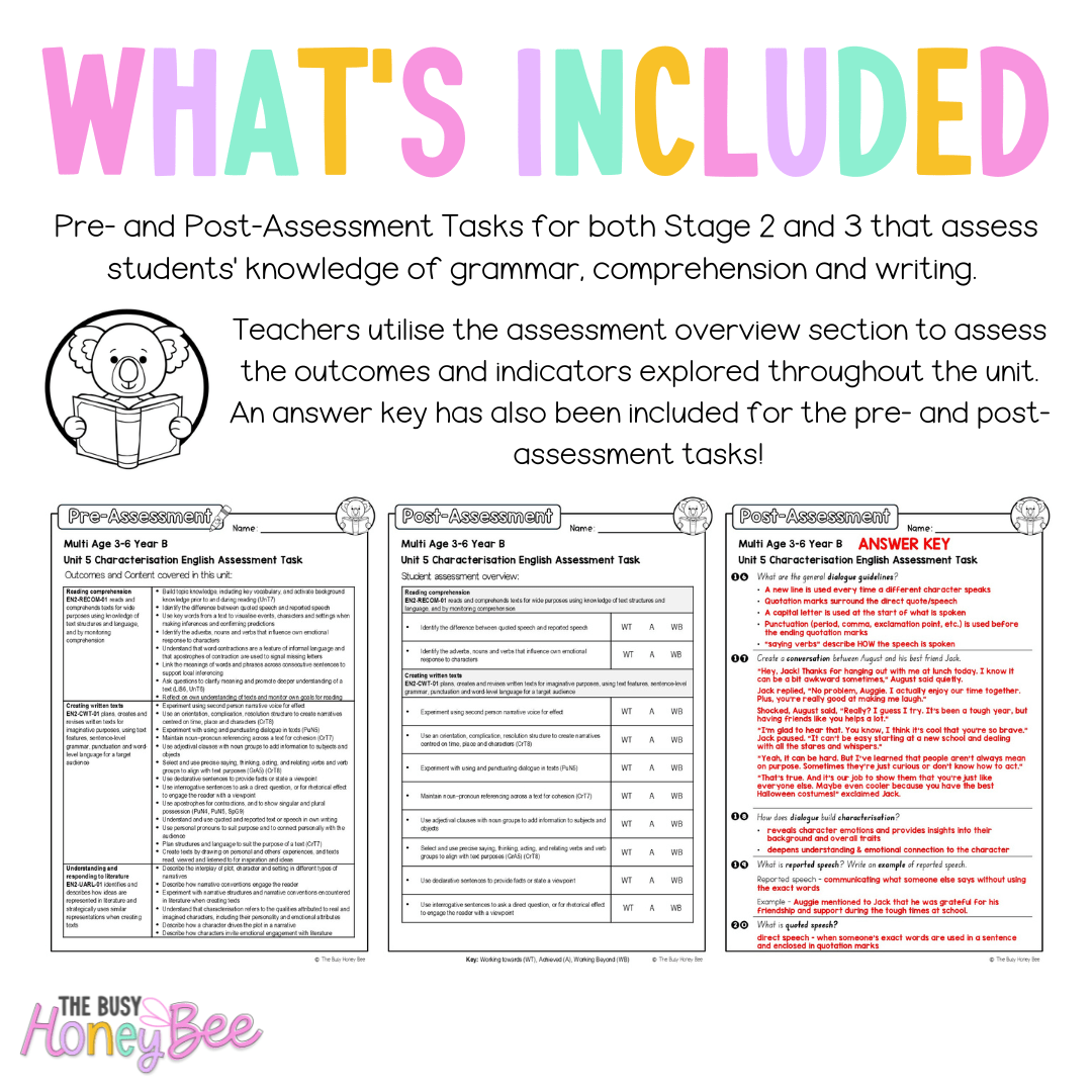 Multi Age 3-6 Year B English Pre- and Post-Assessment Unit 5 Characterisation - Assessment