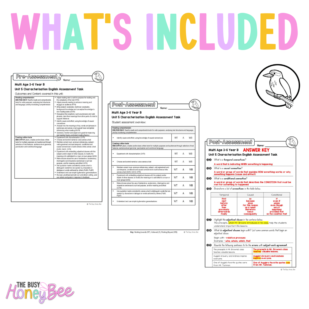 Multi Age 3-6 Year B English Pre- and Post-Assessment Unit 5 Characterisation - Assessment
