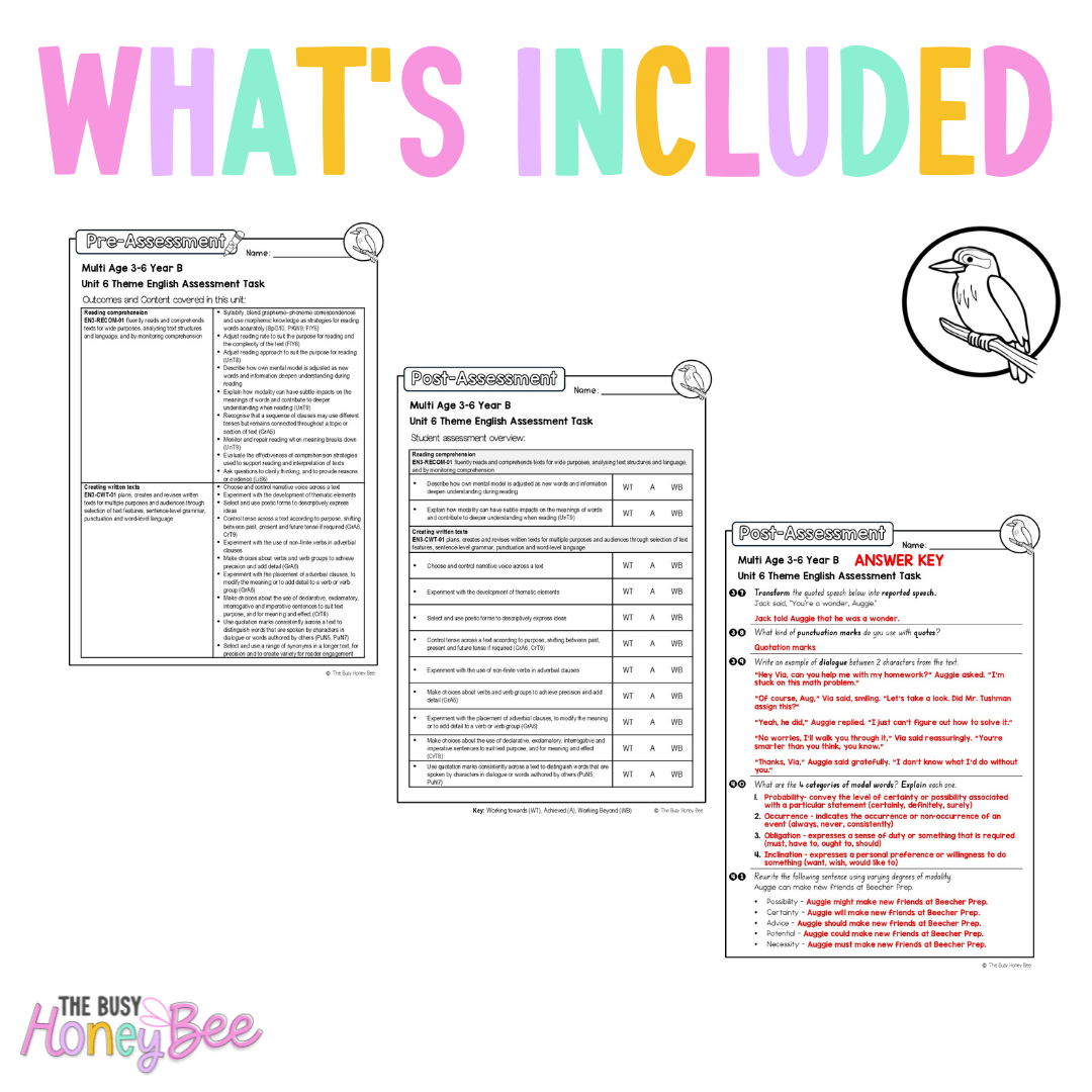 Multi Age 3-6 Year B English Pre- and Post-Assessment Unit 6 Theme - Assessment