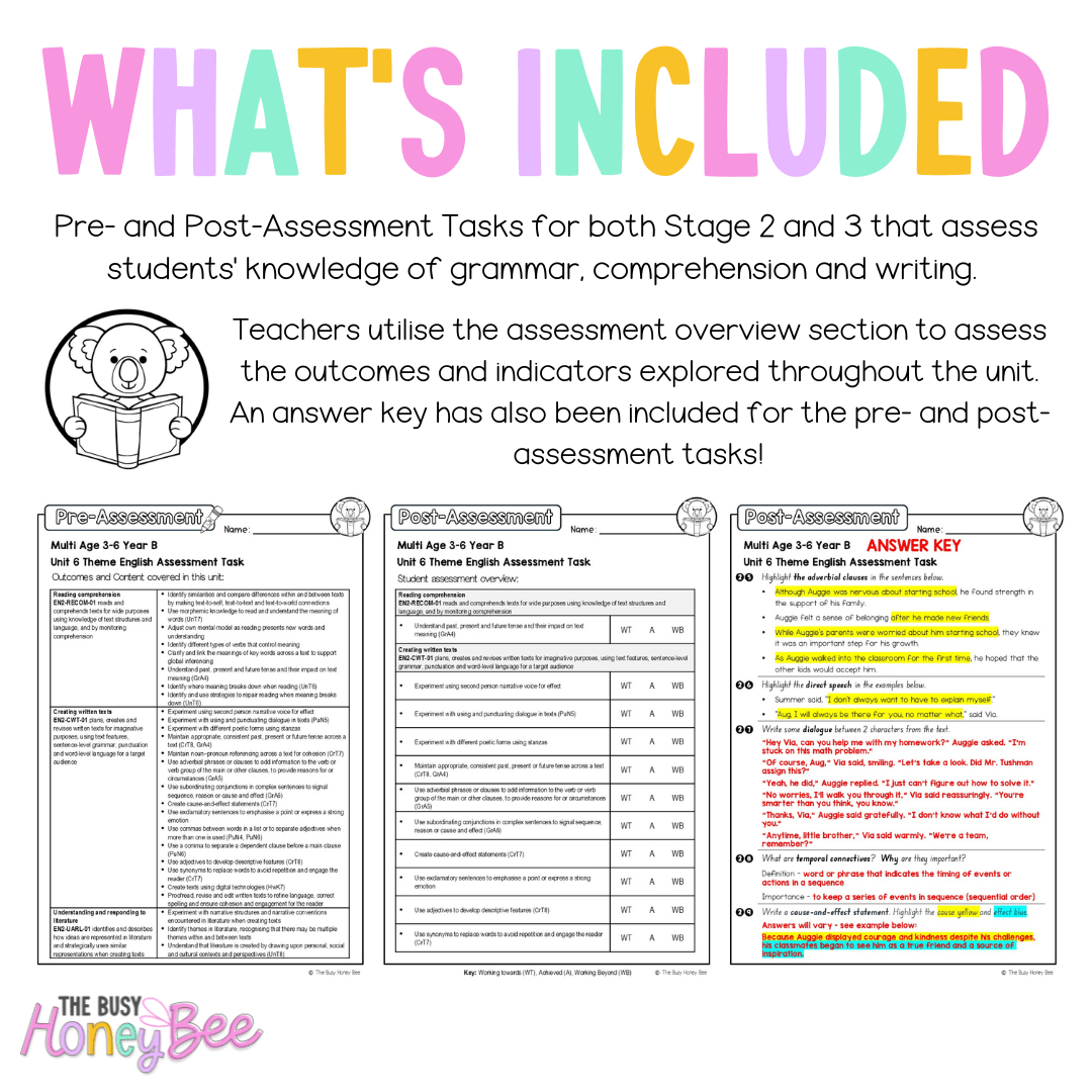 Multi Age 3-6 Year B English Pre- and Post-Assessment Unit 6 Theme - Assessment
