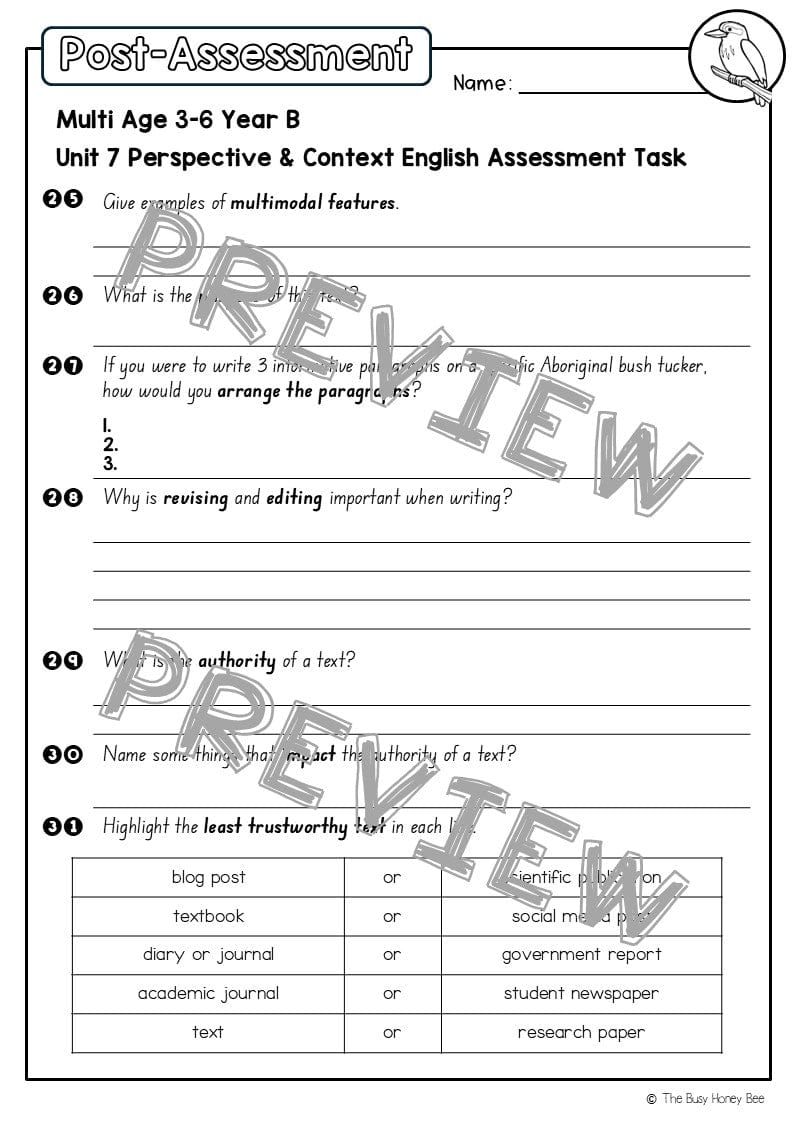 Multi Age 3-6 Year B English Pre- and Post-Assessment Unit 7 Perspective & Context - Assessment