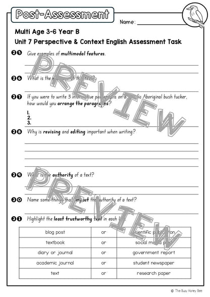 Multi Age 3-6 Year B English Pre- and Post-Assessment Unit 7 Perspective & Context - Assessment