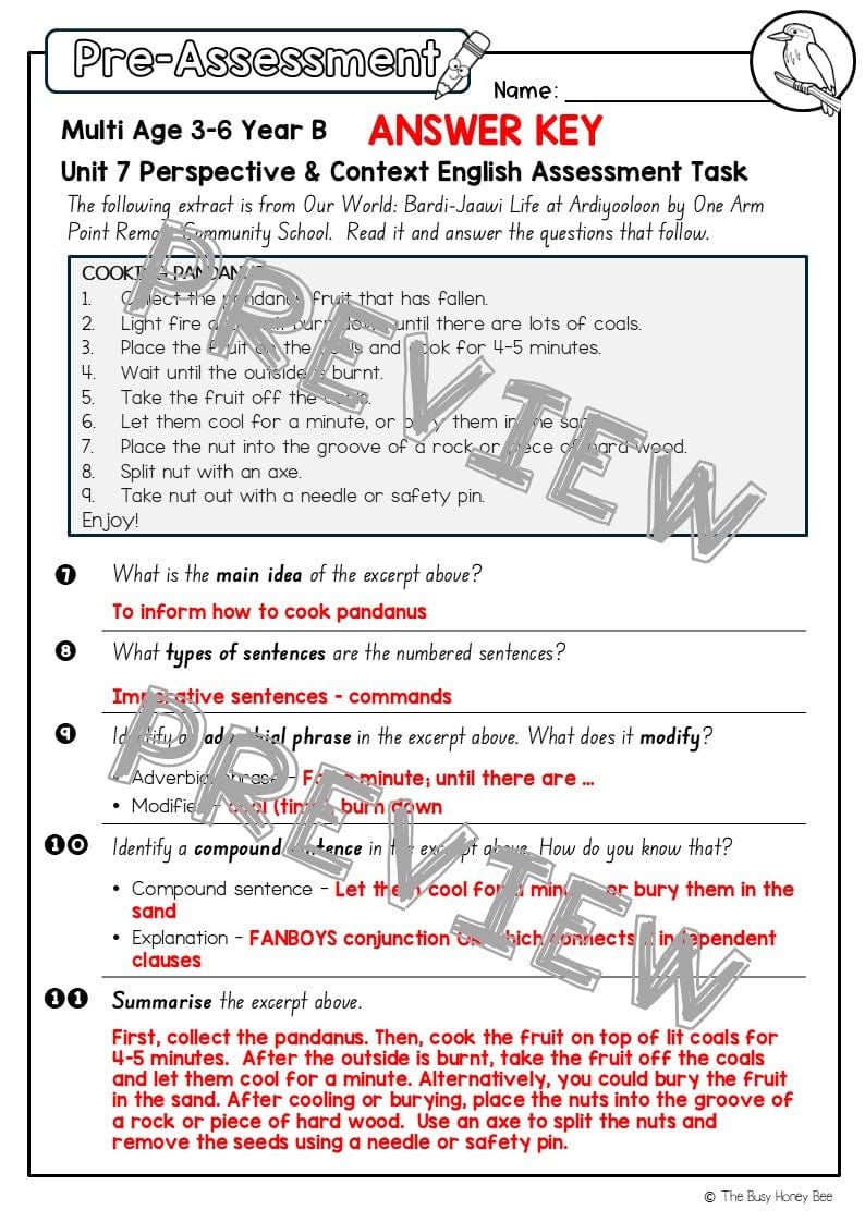 Multi Age 3-6 Year B English Pre- and Post-Assessment Unit 7 Perspective & Context - Assessment