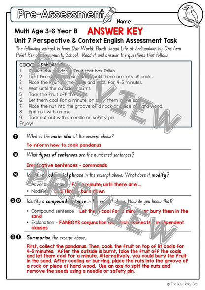 Multi Age 3-6 Year B English Pre- and Post-Assessment Unit 7 Perspective & Context - Assessment