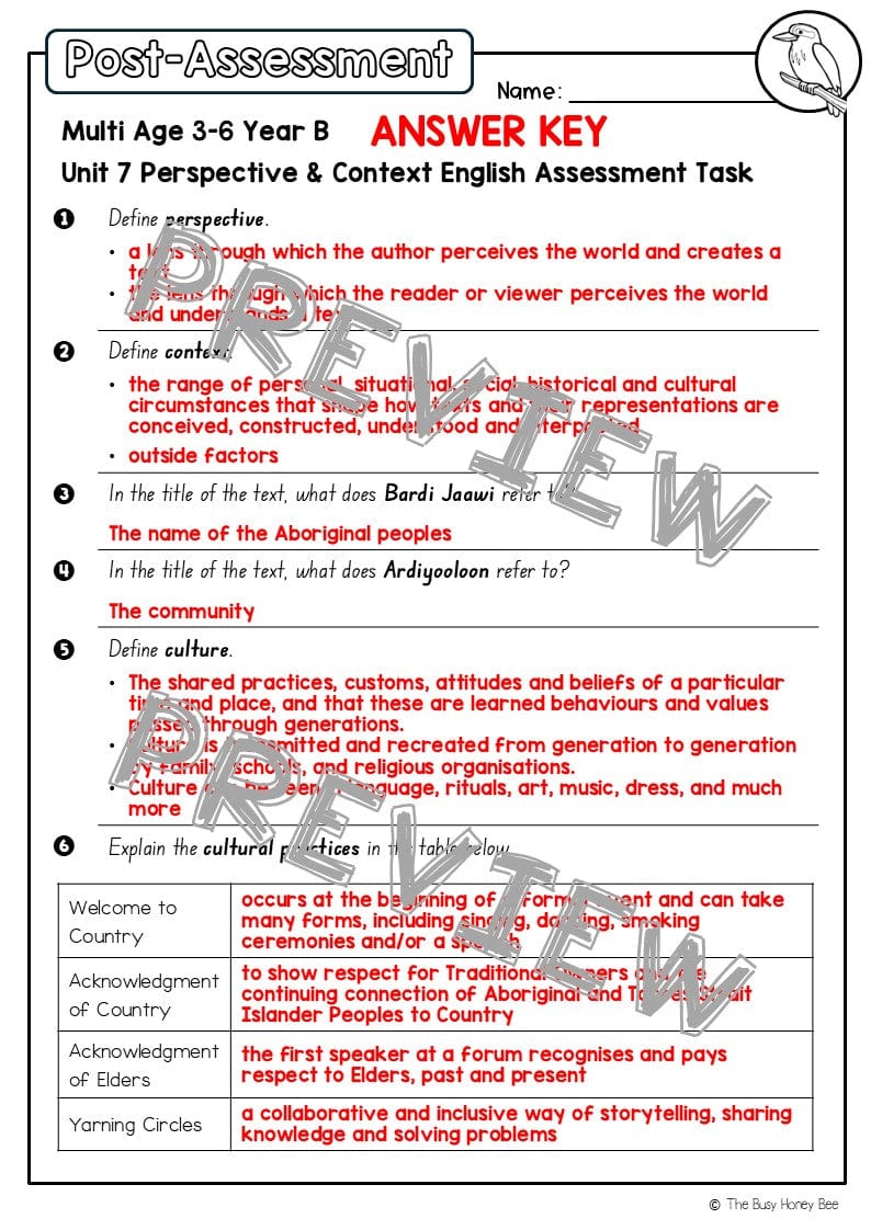Multi Age 3-6 Year B English Pre- and Post-Assessment Unit 7 Perspective & Context - Assessment