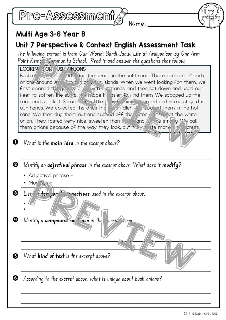 Multi Age 3-6 Year B English Pre- and Post-Assessment Unit 7 Perspective & Context - Assessment