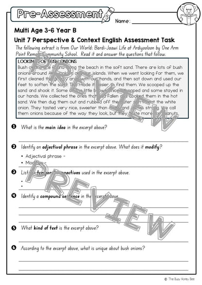 Multi Age 3-6 Year B English Pre- and Post-Assessment Unit 7 Perspective & Context - Assessment
