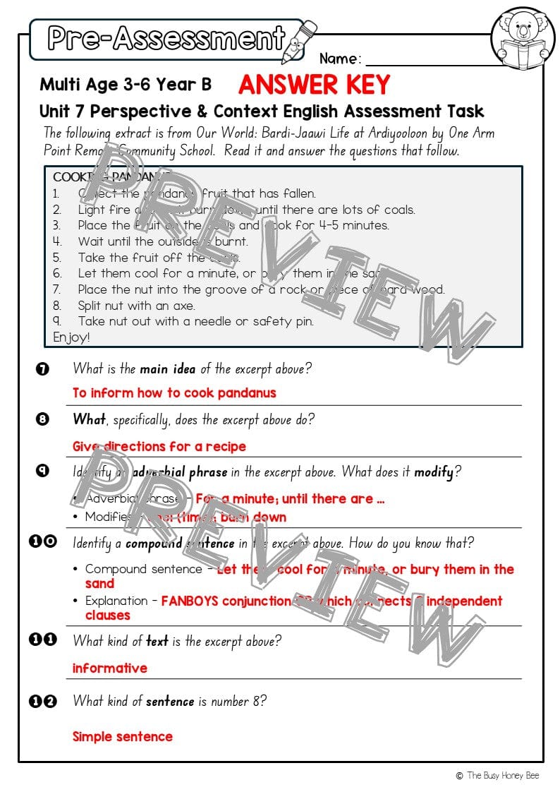 Multi Age 3-6 Year B English Pre- and Post-Assessment Unit 7 Perspective & Context - Assessment