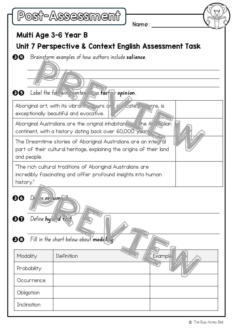 Multi Age 3-6 Year B English Pre- and Post-Assessment Unit 7 Perspective & Context - Assessment