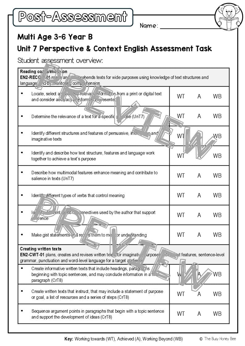 Multi Age 3-6 Year B English Pre- and Post-Assessment Unit 7 Perspective & Context - Assessment