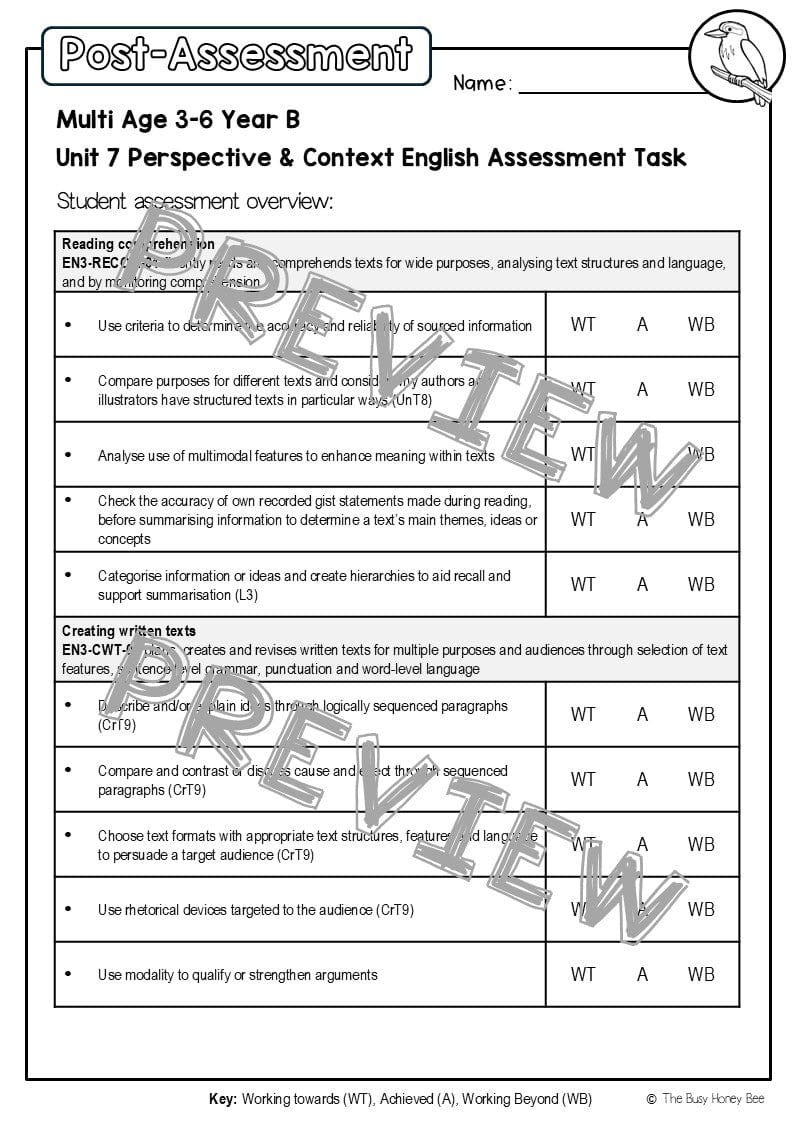 Multi Age 3-6 Year B English Pre- and Post-Assessment Unit 7 Perspective & Context - Assessment