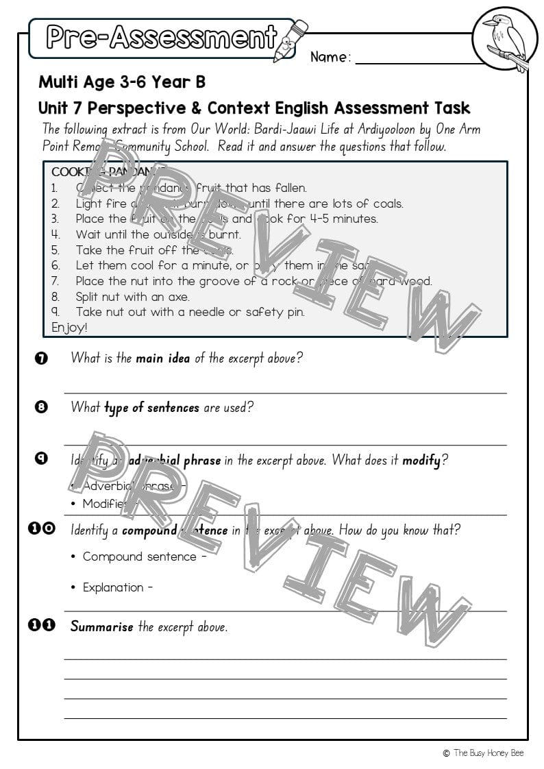 Multi Age 3-6 Year B English Pre- and Post-Assessment Unit 7 Perspective & Context - Assessment