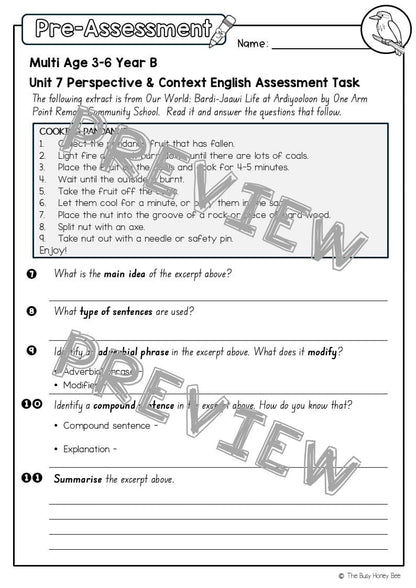 Multi Age 3-6 Year B English Pre- and Post-Assessment Unit 7 Perspective & Context - Assessment