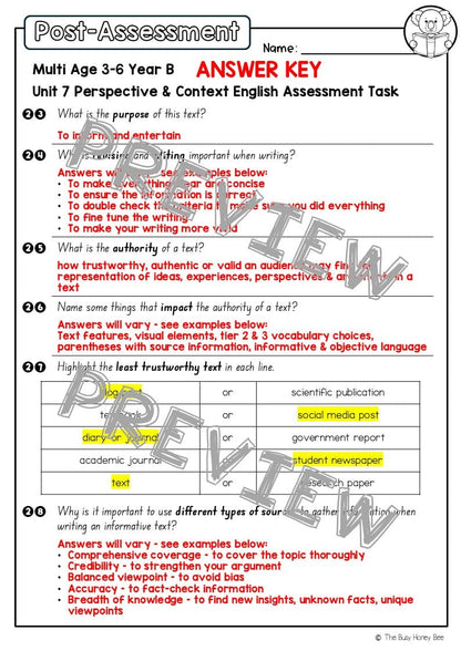 Multi Age 3-6 Year B English Pre- and Post-Assessment Unit 7 Perspective & Context - Assessment