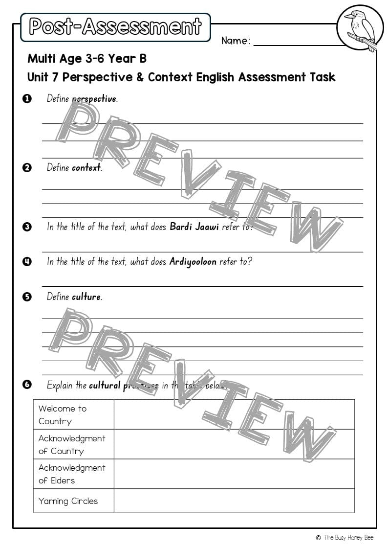 Multi Age 3-6 Year B English Pre- and Post-Assessment Unit 7 Perspective & Context - Assessment
