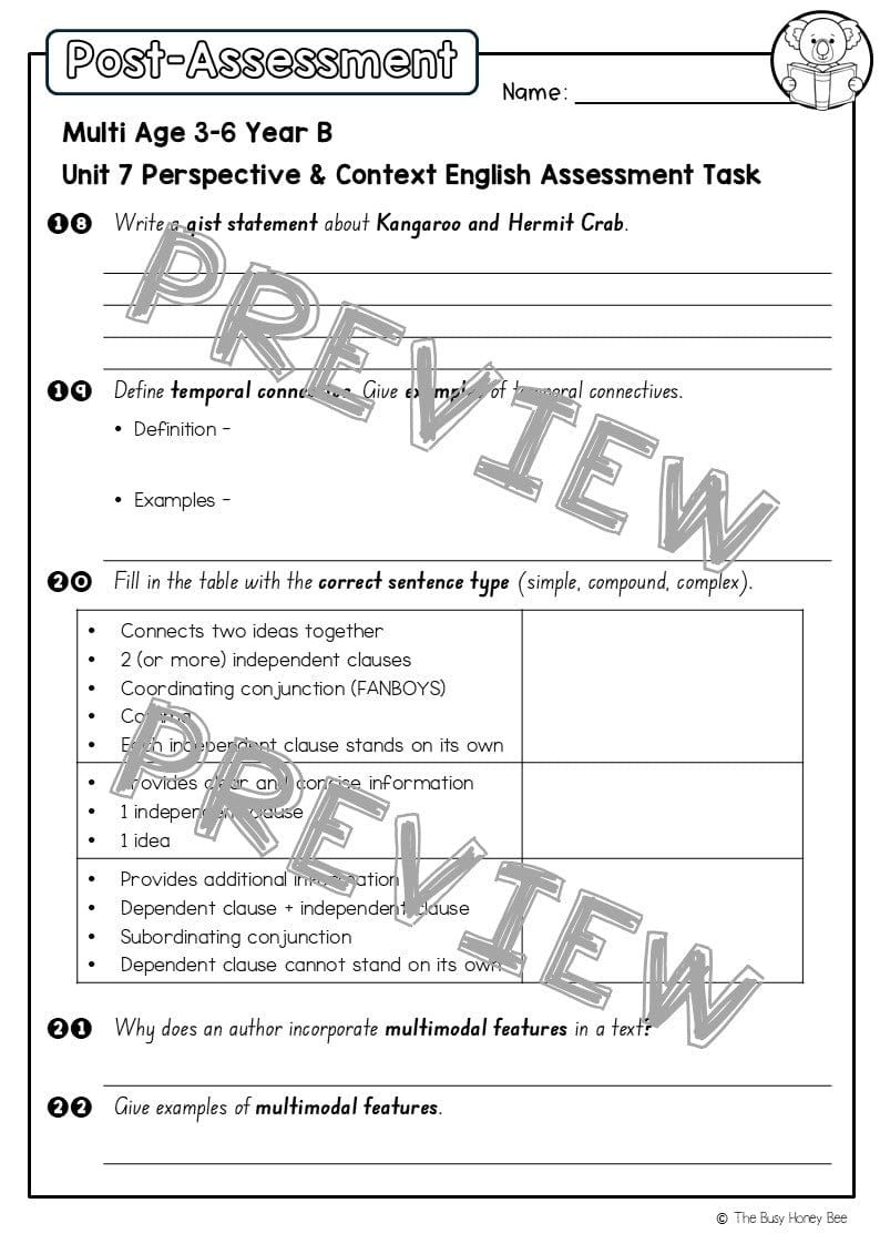 Multi Age 3-6 Year B English Pre- and Post-Assessment Unit 7 Perspective & Context - Assessment