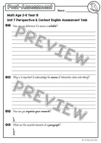 Multi Age 3-6 Year B English Pre- and Post-Assessment Unit 7 Perspective & Context - Assessment