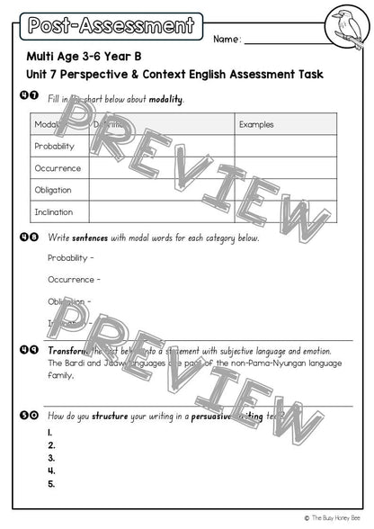 Multi Age 3-6 Year B English Pre- and Post-Assessment Unit 7 Perspective & Context - Assessment