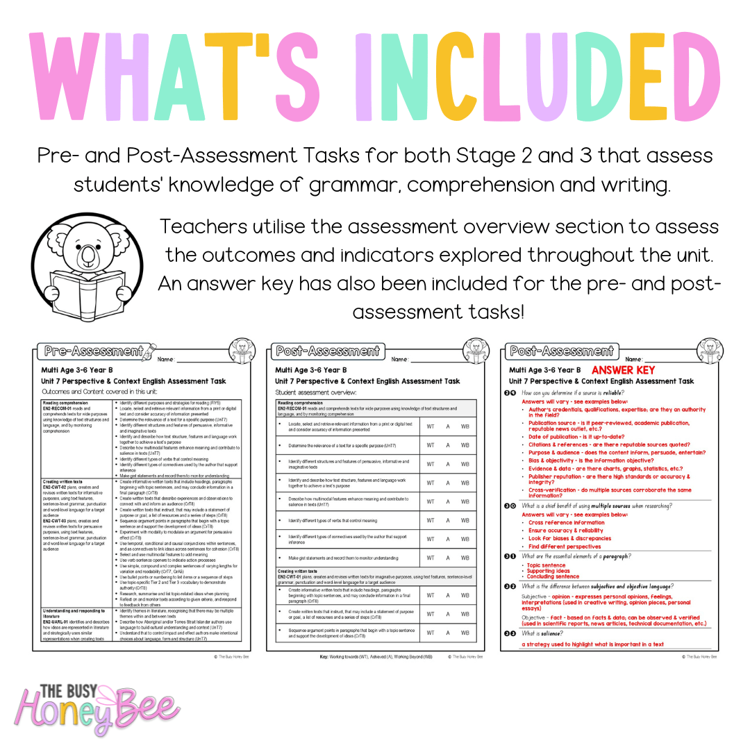 Multi Age 3-6 Year B English Pre- and Post-Assessment Unit 7 Perspective & Context - Assessment