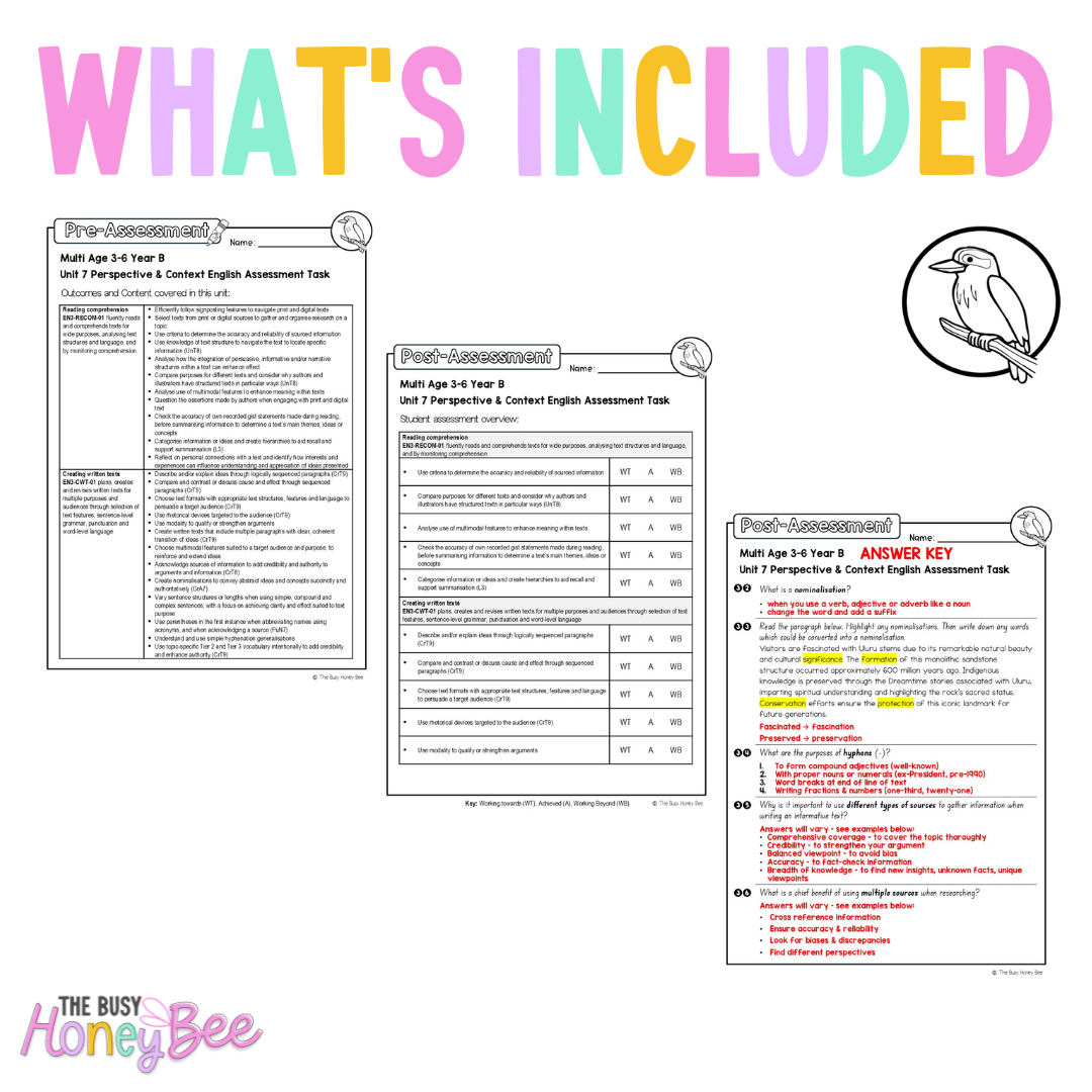 Multi Age 3-6 Year B English Pre- and Post-Assessment Unit 7 Perspective & Context - Assessment