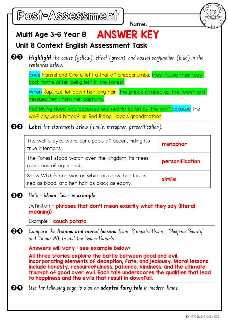 Multi Age 3-6 Year B English Pre- and Post-Assessment Unit 8 Context - Assessment