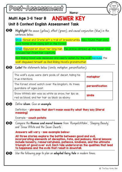Multi Age 3-6 Year B English Pre- and Post-Assessment Unit 8 Context - Assessment