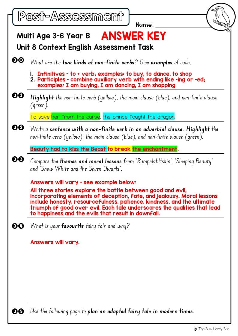 Multi Age 3-6 Year B English Pre- and Post-Assessment Unit 8 Context - Assessment
