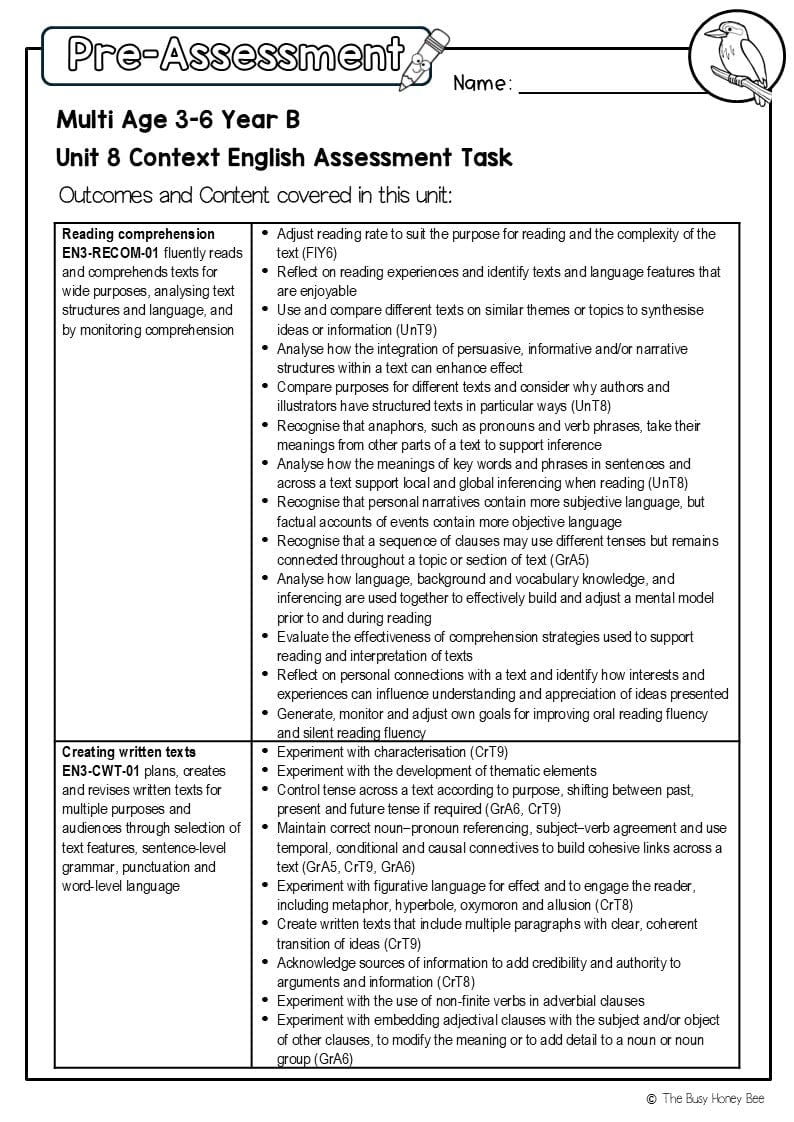 Multi Age 3-6 Year B English Pre- and Post-Assessment Unit 8 Context - Assessment