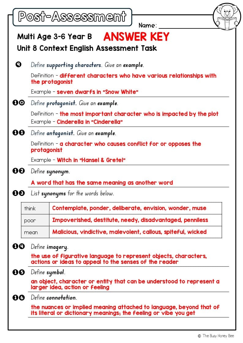 Multi Age 3-6 Year B English Pre- and Post-Assessment Unit 8 Context - Assessment