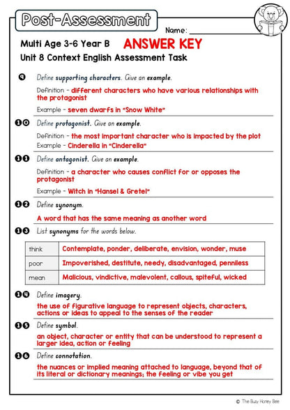 Multi Age 3-6 Year B English Pre- and Post-Assessment Unit 8 Context - Assessment