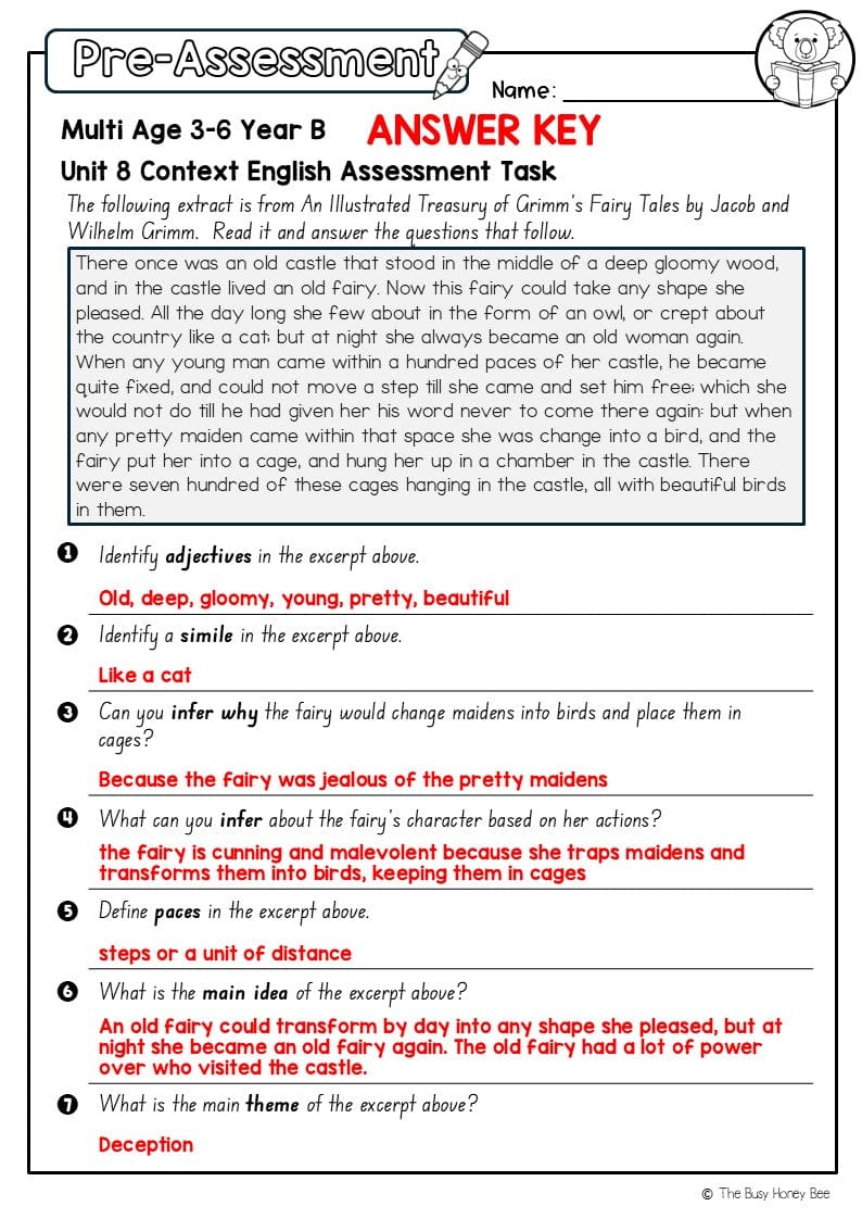 Multi Age 3-6 Year B English Pre- and Post-Assessment Unit 8 Context - Assessment