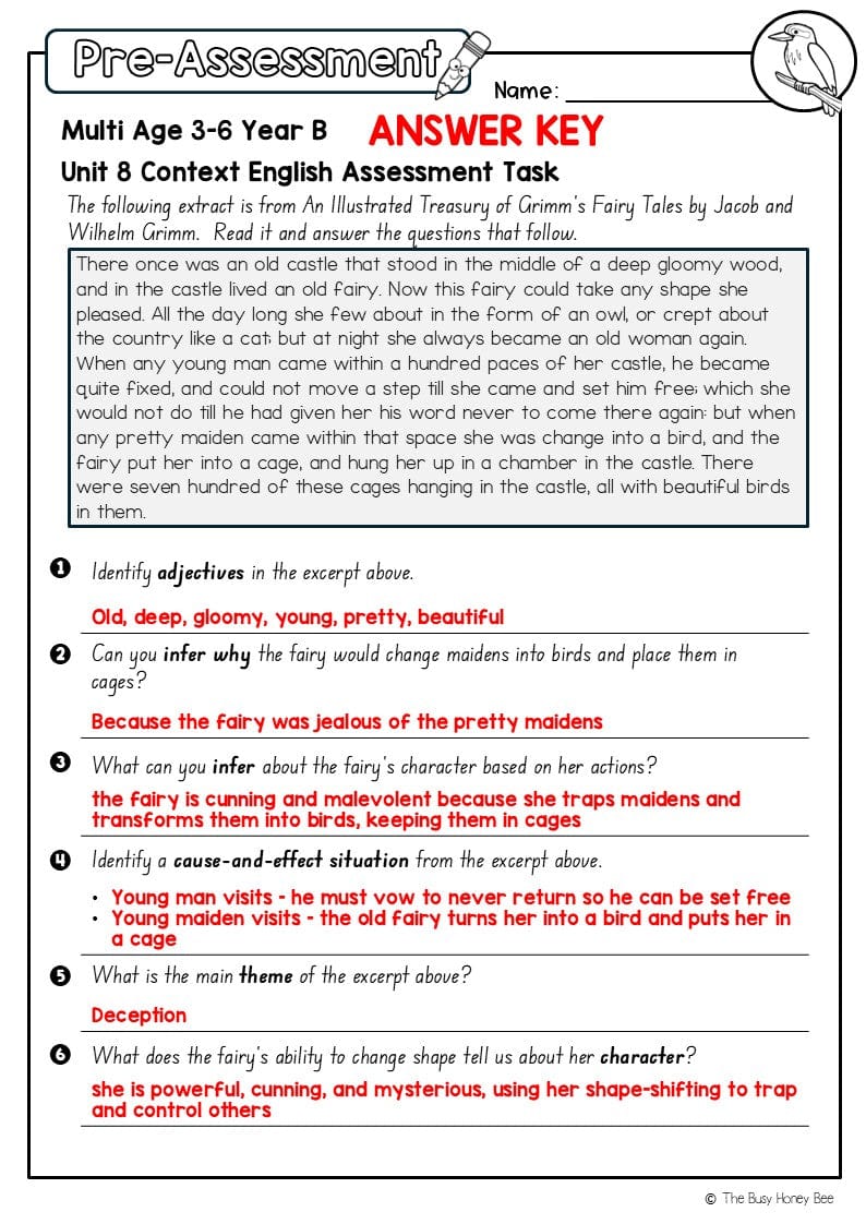 Multi Age 3-6 Year B English Pre- and Post-Assessment Unit 8 Context - Assessment