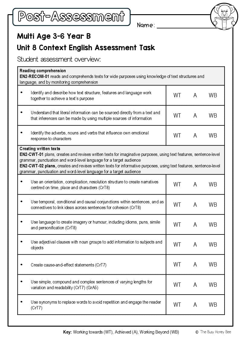Multi Age 3-6 Year B English Pre- and Post-Assessment Unit 8 Context - Assessment