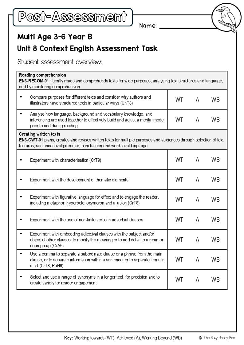 Multi Age 3-6 Year B English Pre- and Post-Assessment Unit 8 Context - Assessment