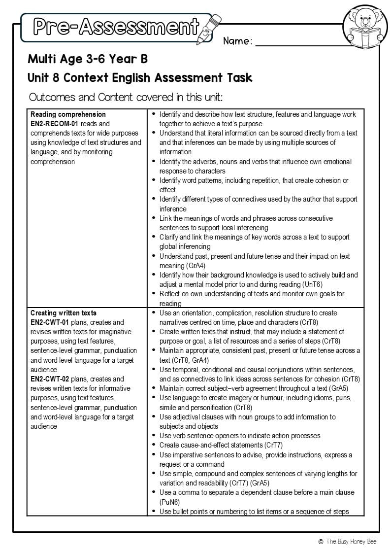 Multi Age 3-6 Year B English Pre- and Post-Assessment Unit 8 Context - Assessment