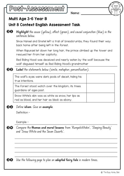 Multi Age 3-6 Year B English Pre- and Post-Assessment Unit 8 Context - Assessment