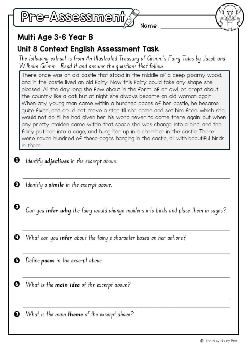 Multi Age 3-6 Year B English Pre- and Post-Assessment Unit 8 Context - Assessment
