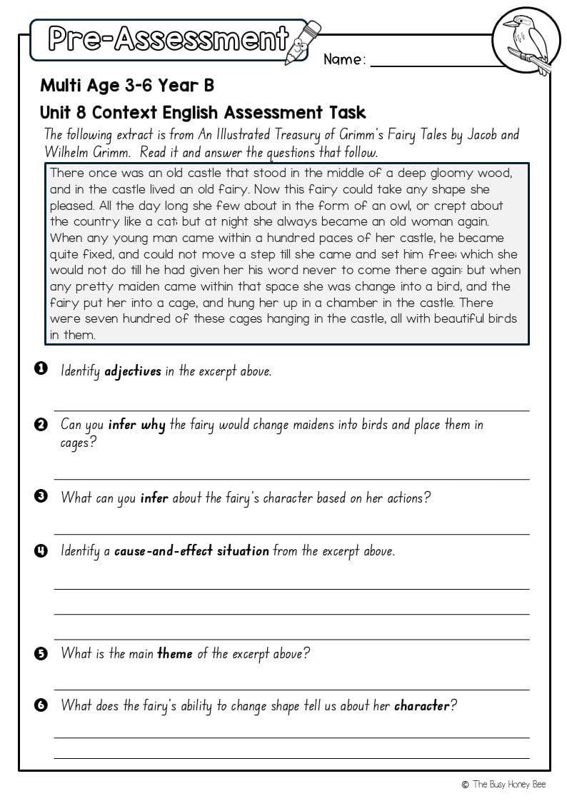 Multi Age 3-6 Year B English Pre- and Post-Assessment Unit 8 Context - Assessment