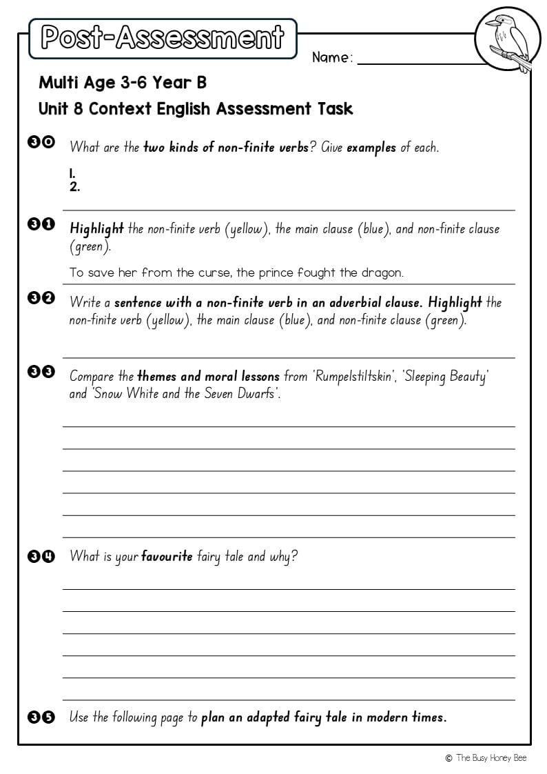 Multi Age 3-6 Year B English Pre- and Post-Assessment Unit 8 Context - Assessment