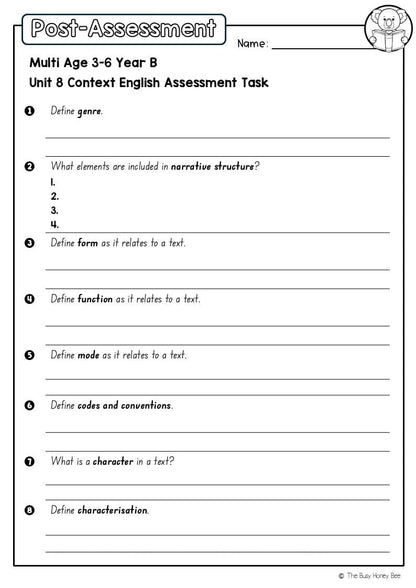 Multi Age 3-6 Year B English Pre- and Post-Assessment Unit 8 Context - Assessment