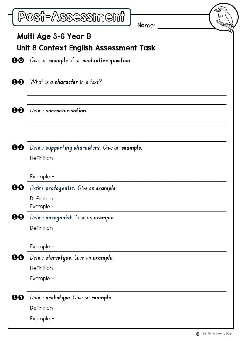 Multi Age 3-6 Year B English Pre- and Post-Assessment Unit 8 Context - Assessment