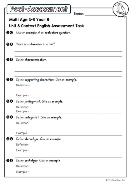 Multi Age 3-6 Year B English Pre- and Post-Assessment Unit 8 Context - Assessment