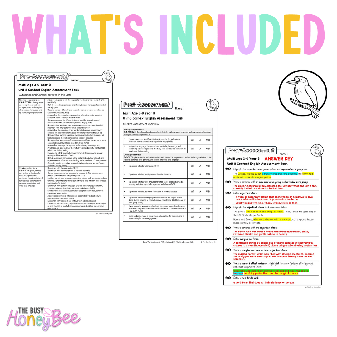 Multi Age 3-6 Year B English Pre- and Post-Assessment Unit 8 Context - Assessment