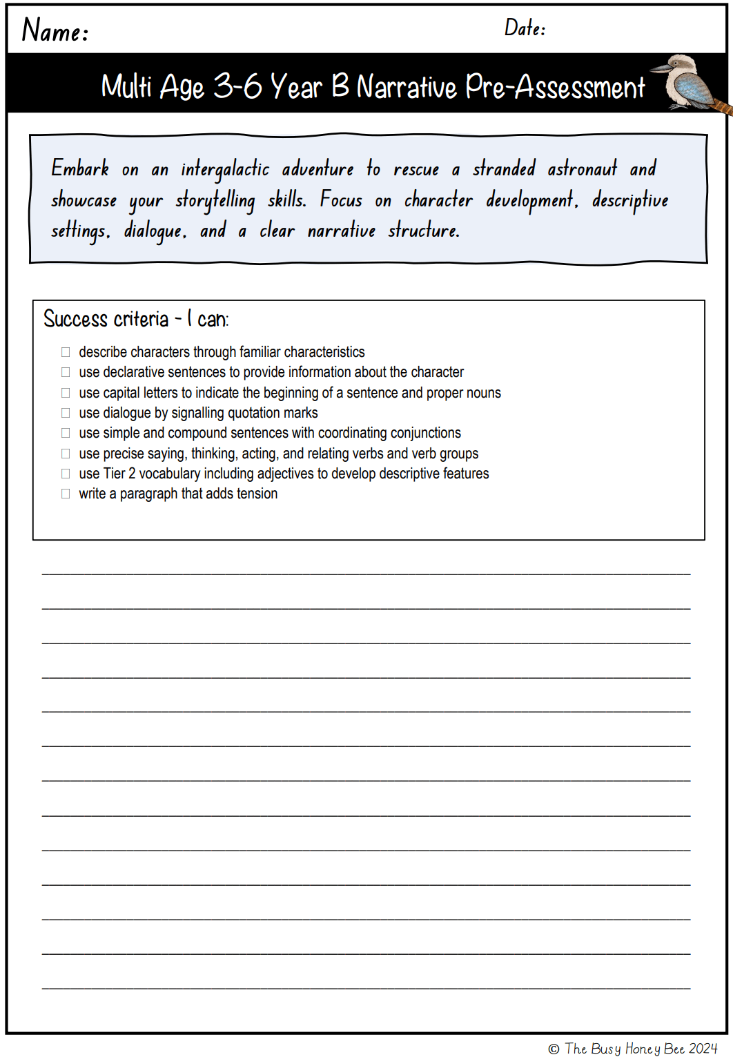 Multi Age 3-6 Year B Unit 1 Narrative Writing Pre-Assessment - Assessment