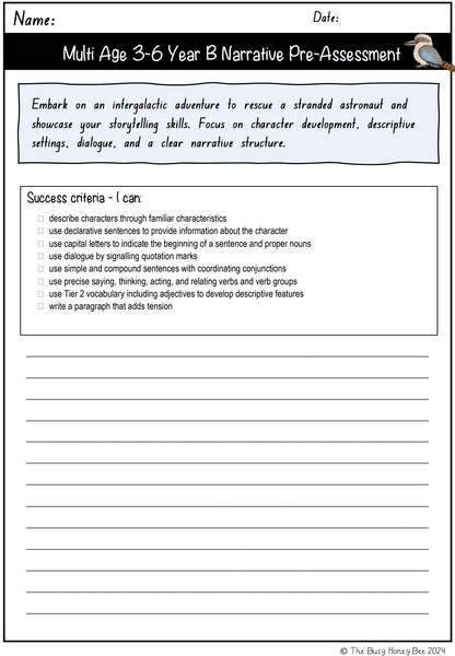 Multi Age 3-6 Year B Unit 1 Narrative Writing Pre-Assessment - Assessment