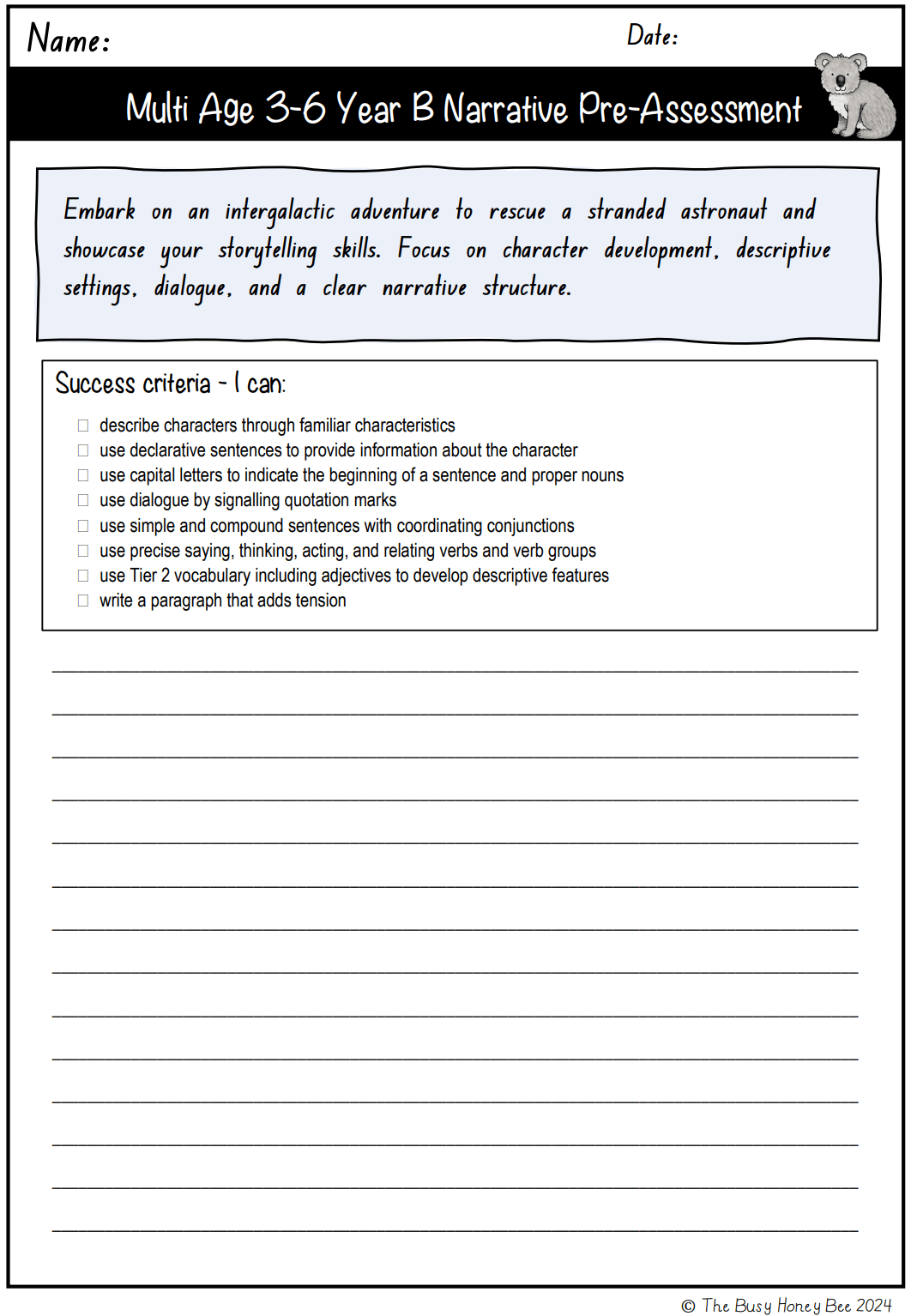 Multi Age 3-6 Year B Unit 1 Narrative Writing Pre-Assessment - Assessment