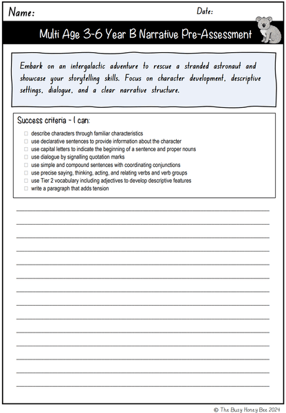 Multi Age 3-6 Year B Unit 1 Narrative Writing Pre-Assessment - Assessment